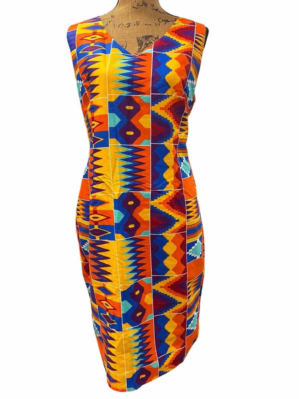 Women’s Multicolored African Style Bazinriche Sleeveless Shift Dress sz-XL